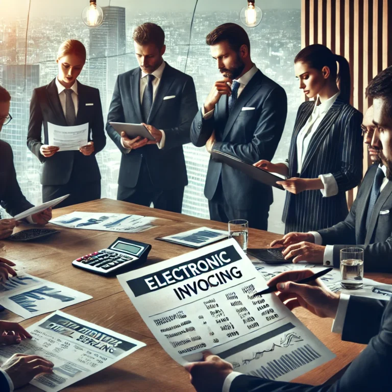 DALL·E 2025 03 01 11.35.31 A professional business meeting in a modern office setting. Several executives in formal attire are discussing electronic invoicing and telecommunicat