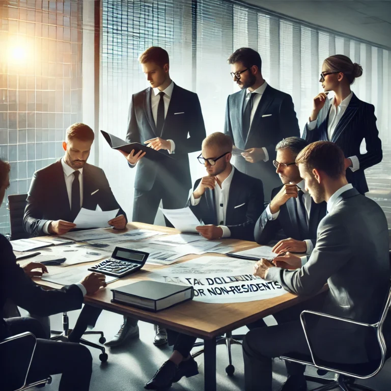 DALL·E 2025 03 01 11.41.19 A professional business meeting in a modern office setting. Several executives in formal attire are discussing tax declaration obligations for non res