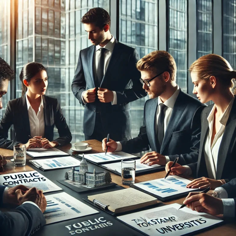 DALL·E 2025 03 01 11.44.27 A professional business meeting in a modern office setting. Several executives in formal attire are discussing public contracts and tax stamp obligati