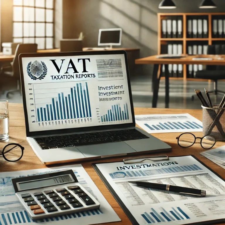 DALL·E 2025 03 01 11.51.39 A professional and modern office environment with financial documents a laptop displaying VAT taxation reports and investment statements related to