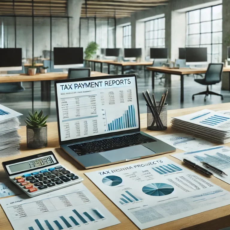 DALL·E 2025 03 01 11.55.23 A modern and professional office environment with financial documents a laptop displaying tax payment reports and accounting sheets related to infra