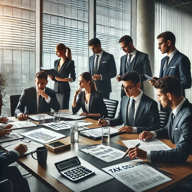 DALL·E 2025 03 01 11.58.47 A professional business meeting in a modern office setting. Several executives in formal attire are discussing tax collection and customs duties. Some