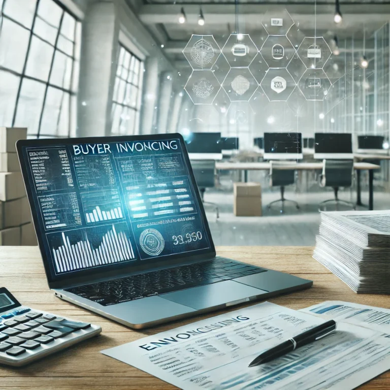 Proyecto Resolución 13-02-2025: Simplificación Facturación Electrónica 9 DALL·E 2025 03 01 12.03.40 A modern and professional office environment with a laptop displaying electronic invoicing reports financial documents and a digital interface for b