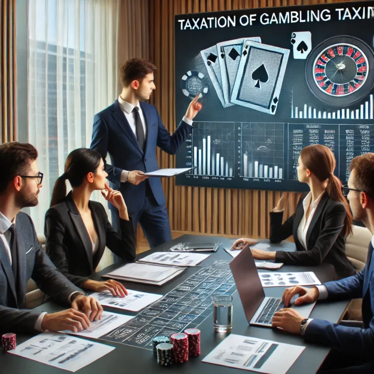 DALL·E 2025 03 07 13.55.27 A professional business meeting focused on the taxation of gambling activities. Several executives dressed in formal business attire are seated arou
