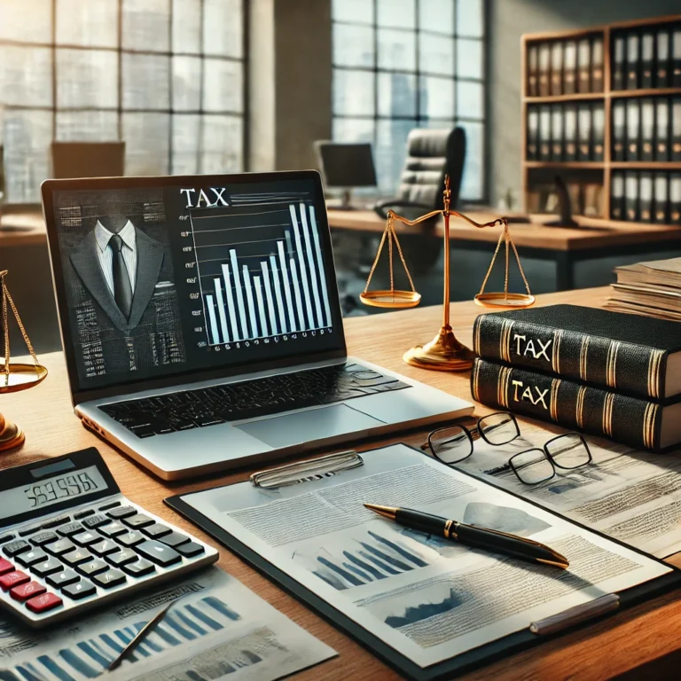 DALL·E 2025 03 07 13.58.55 A realistic corporate office desk with tax related documents neatly arranged. The desk includes a laptop displaying financial graphs a calculator le