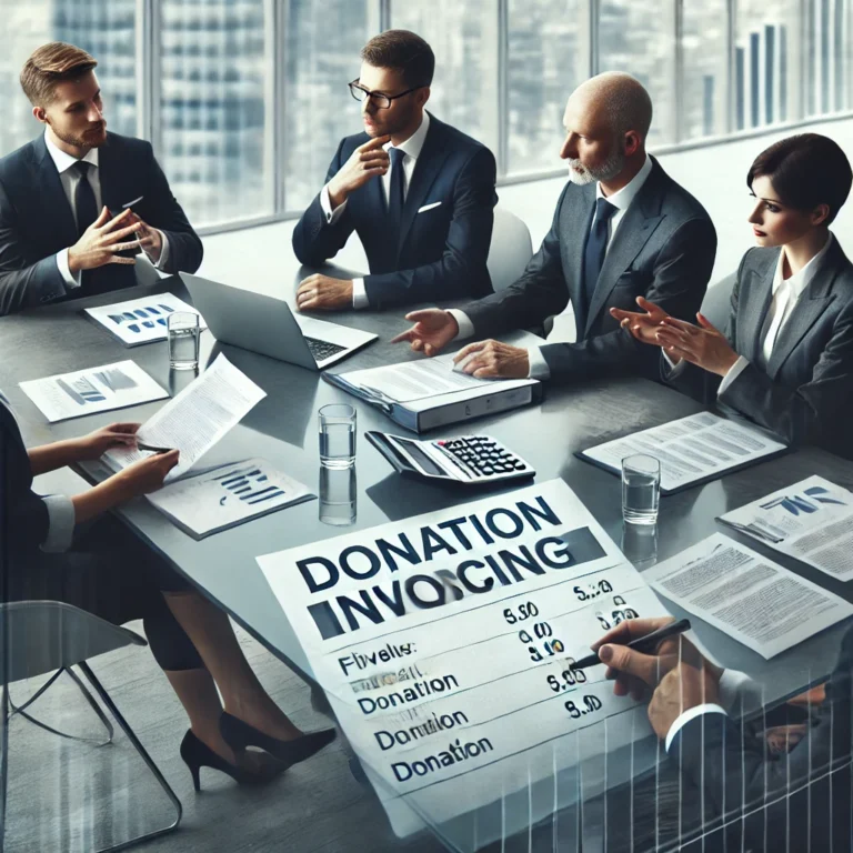 DALL·E 2025 03 07 14.01.27 A professional business meeting discussing donation invoicing. Several executives dressed in formal business attire are seated around a modern confe