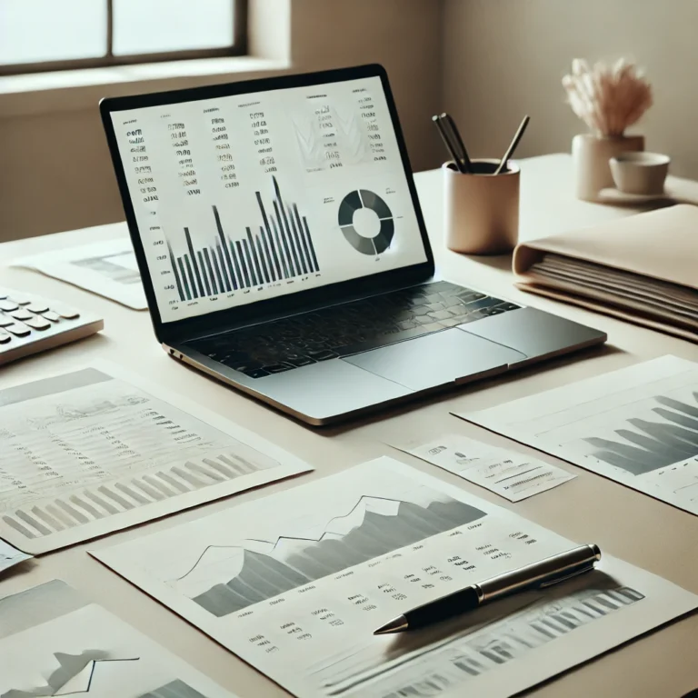 Bogotá notificará a contribuyentes por deudas de impuestos vigentes. 4 DALL·E 2025 03 08 09.32.43 A minimalist financial office desk with documents a laptop displaying financial charts and a pen. The setting is modern and clean with a neutral co