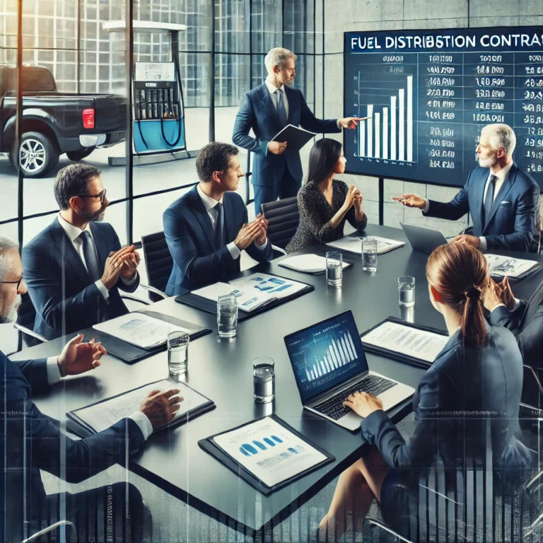 Concepto 004031 del 18-03-2026. IVA. 10 DALL·E 2025 03 08 09.36.57 A professional business meeting with executives discussing fuel distribution contracts. The setting is a modern conference room with large windows a