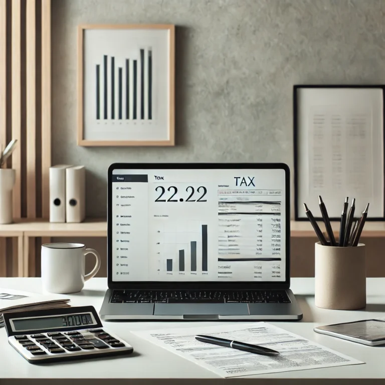 DALL·E 2025 03 08 09.44.40 A minimalist office desk with a laptop displaying financial documents a calculator and tax related paperwork. The setting is modern and clean with