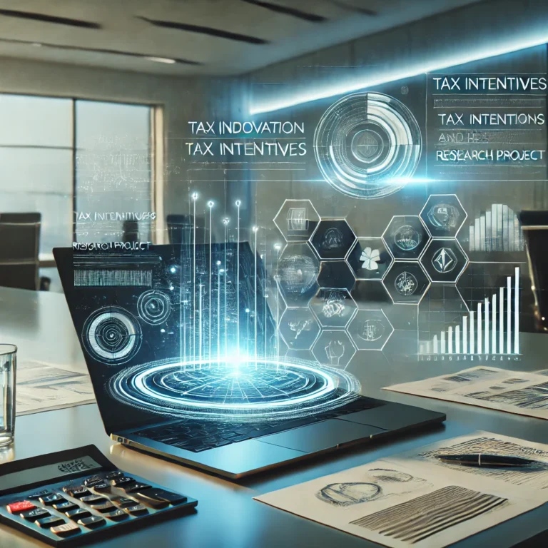 DALL·E 2025 03 08 09.49.34 A futuristic office desk with a holographic financial display showing tax incentives and research project data. The setup includes a sleek laptop dig