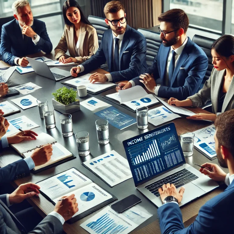 DALL·E 2025 03 08 09.54.45 A professional business meeting with executives discussing financial reports on income sources. The setting is a modern conference room with a sleek t