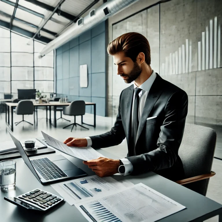 DALL·E 2025 03 08 09.59.11 A professional accountant sitting at a modern desk reviewing financial documents and a laptop screen. The setting is a clean well lit office with a