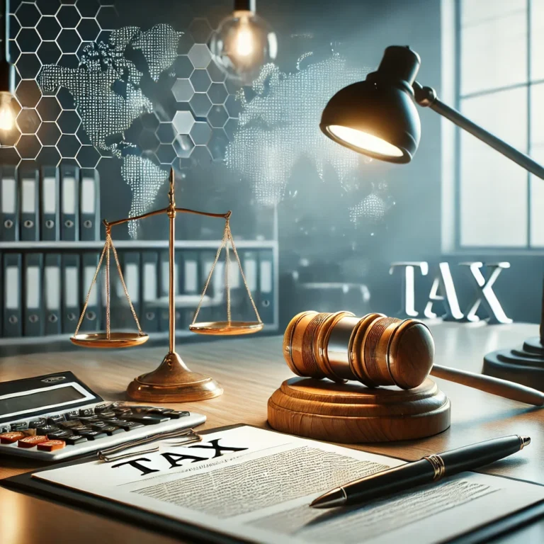 DALL·E 2025 03 17 12.19.22 A modern and professional office setting with a focus on legal and tax documents. A well lit desk with neatly arranged paperwork a laptop and a gave