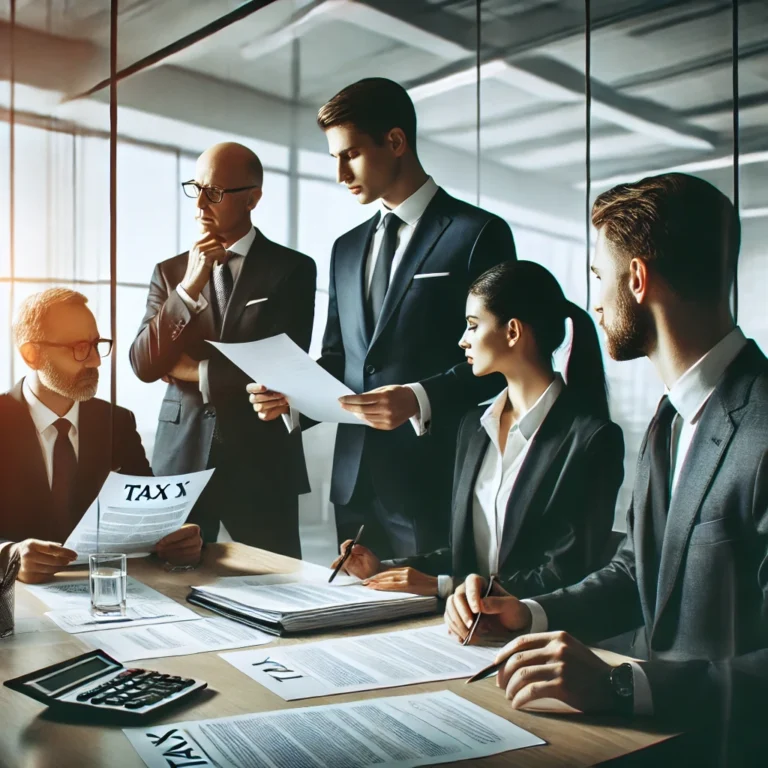 DALL·E 2025 03 17 12.29.07 A professional business meeting in a modern office setting with a small group of executives. They are discussing legal and financial matters reviewin