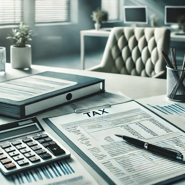 DALL·E 2025 03 17 12.34.52 A modern office desk with tax documents financial statements and a calculator neatly arranged. The setting is professional and minimalist represent