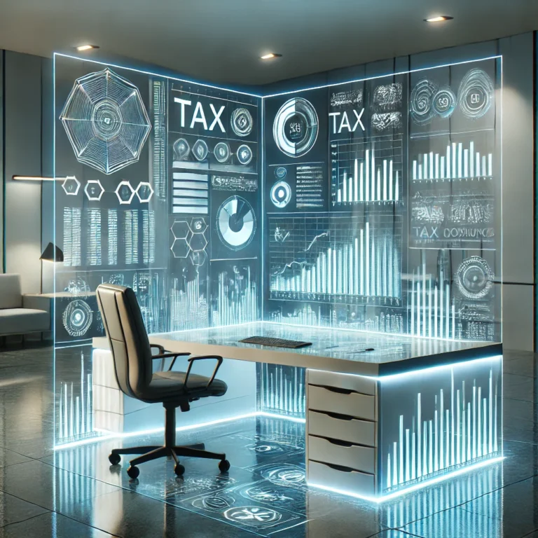 DALL·E 2025 03 17 12.42.11 A futuristic office setting with a sleek minimalist desk displaying holographic financial charts and digital tax documents. The environment is high t