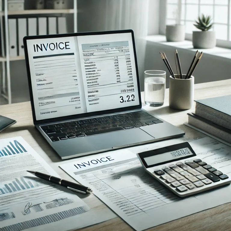 Proyecto Ley de Reactivación Económica. 2 DALL·E 2025 03 17 13.07.22 A modern office desk with a laptop displaying an electronic invoice along with neatly arranged financial documents and a calculator. The setting is p