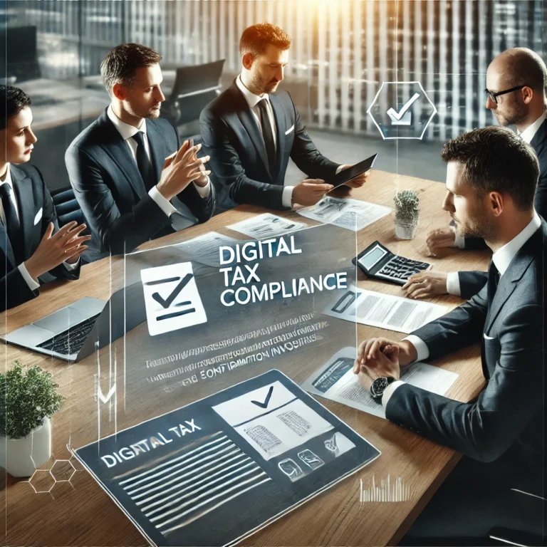 Concepto 005476 del 30-04-2025. RTF aportes voluntarios. 1 DALL·E 2025 03 17 13.15.06 A professional business meeting in a modern office setting with a small group of executives. They are discussing digital tax compliance reviewing ele