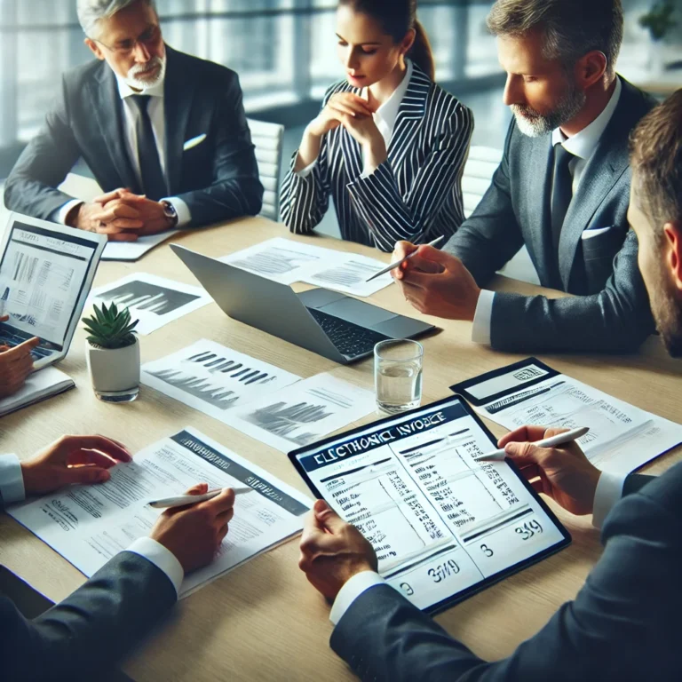 DALL·E 2025 03 17 13.17.48 A professional business meeting in a modern office setting with a small group of executives. They are discussing the electronic invoicing system revi
