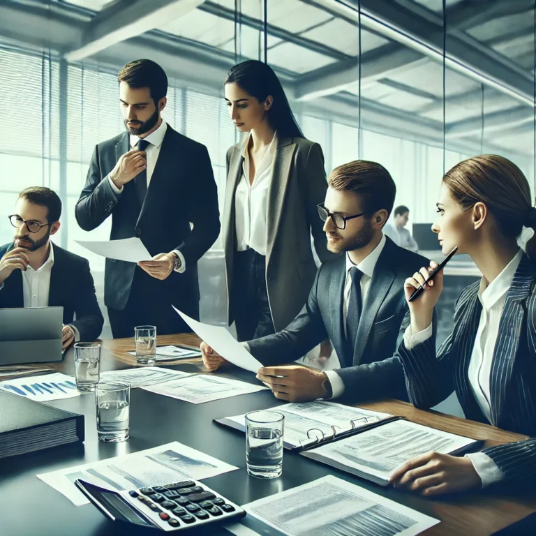 Decreto 0898 del 29-07-2026. Interés presunto. Componente inflacionario. 4 DALL·E 2025 03 17 13.21.30 A professional business meeting in a modern office setting with a small group of executives. They are analyzing tax documents and financial statements