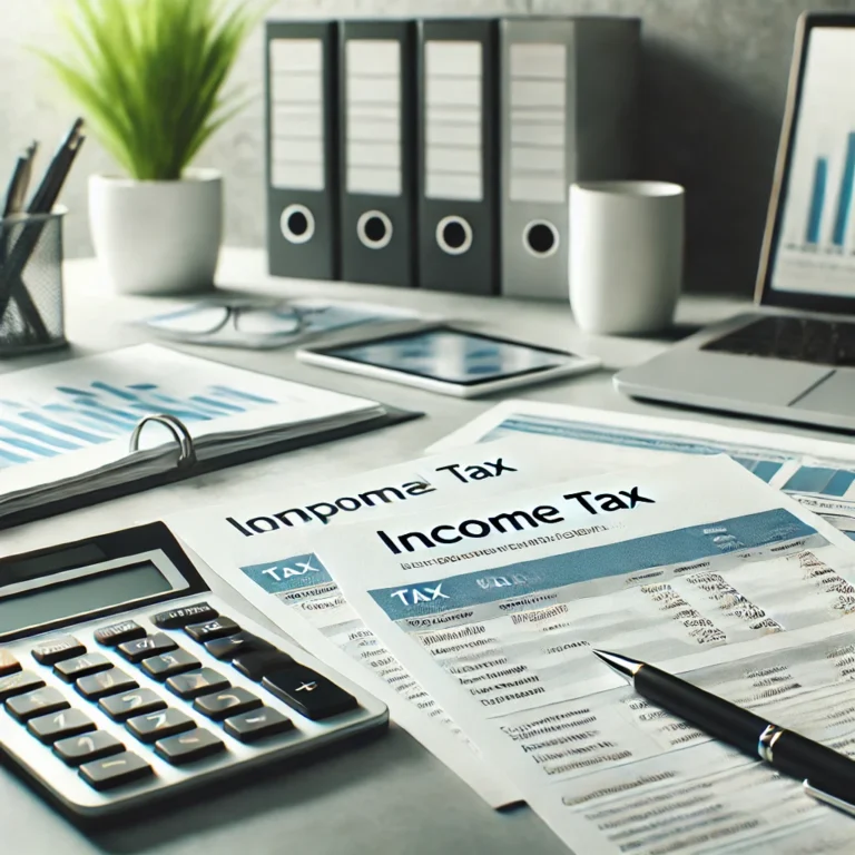 DALL·E 2025 03 17 13.27.17 A modern office desk with financial documents tax reports and a calculator neatly arranged. The setting is professional and minimalist representing
