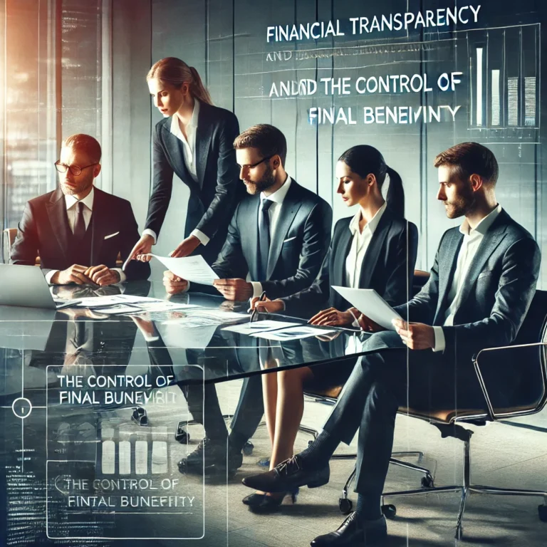 Consulte el listado actualizado de proveedor ficticio a mayo 15 de 2025: 4 DALL·E 2025 03 17 13.30.30 A professional business meeting in a modern office setting with a small group of executives. They are discussing financial transparency and the contro