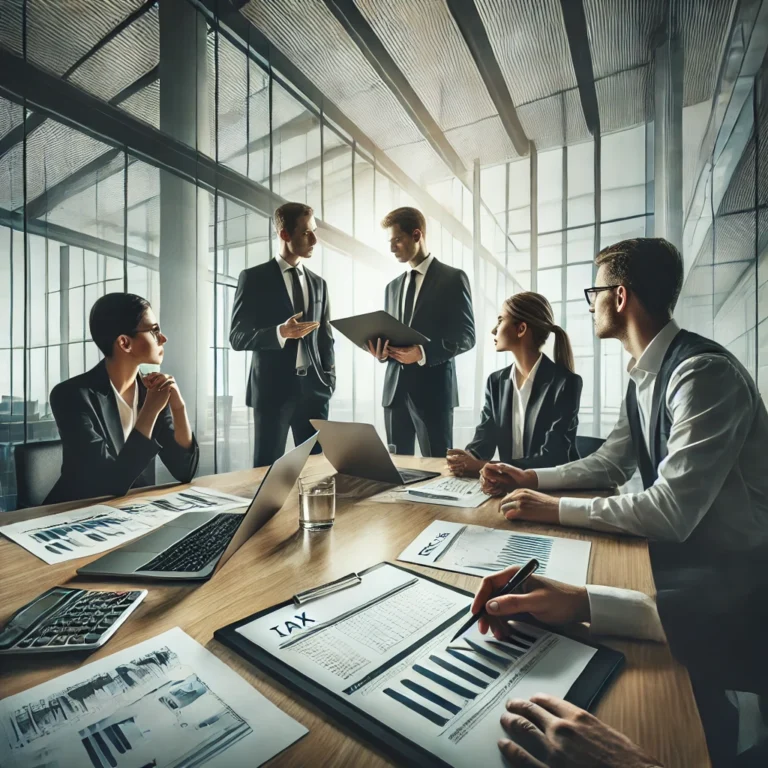 Comunicado de Prensa No. 101 del 12-08-2026. Ampliación calendario tributario. 5 DALL·E 2025 03 17 13.35.01 A professional business meeting in a modern office setting with a small group of executives. They are discussing financial corrections and tax adjustm