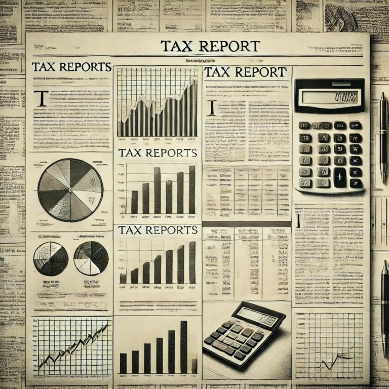 Informativo 7 DALL·E 2025 03 17 13.40.46 A vintage style newspaper layout featuring financial documents tax reports and business charts. The image has an old fashioned monochrome aesthetic