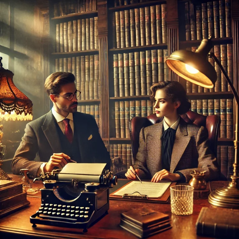 Comunicado de prensa 057 de 27-05-2025 7 DALL·E 2025 03 21 14.38.04 A vintage executive office scene with two business professionals in early 20th century attire. They are seated at a large wooden desk reviewing legal