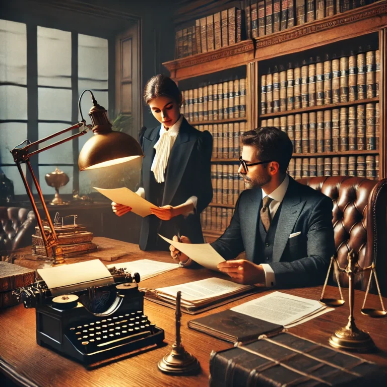 Concepto 011033 del 25-06-2026. IVA en Biocombustibles. 10 DALL·E 2025 03 21 14.59.07 A vintage style executive office with two business professionals in early 20th century attire discussing gambling taxation. They are seated at a large