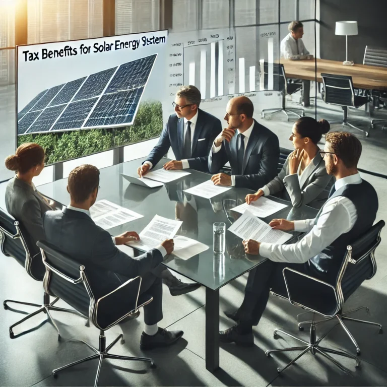 DALL·E 2025 03 21 15.01.50 A professional business meeting in a modern executive office where experts discuss tax benefits for solar energy systems. Well dressed professionals a