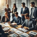 DALL·E 2025-03-22 13.34.43 - A professional business meeting in a modern office setting. A group of executives, including men and women in formal attire, are discussing financial