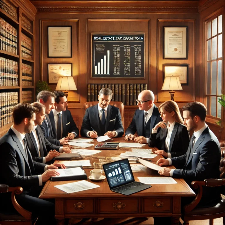 Concepto 008827 del 11-03-2026. Aduanero. 10 DALL·E 2025 03 22 13.41.30 A traditional business meeting in a classic office setting featuring executives and tax consultants discussing real estate tax regulations. The parti
