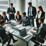 DALL·E 2025-03-22 13.44.01 - A professional financial advisory meeting in a modern office setting. A group of executives and financial consultants in formal business attire are di